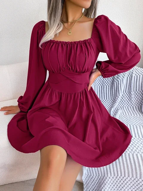 Women's Square Collar Long Sleeve Fit And Flare Summer Dress