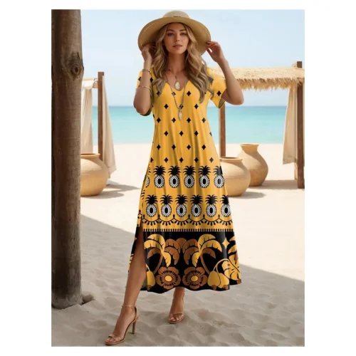 Women's Short Sleeve A-Line Fashion V-Neck Long Dress