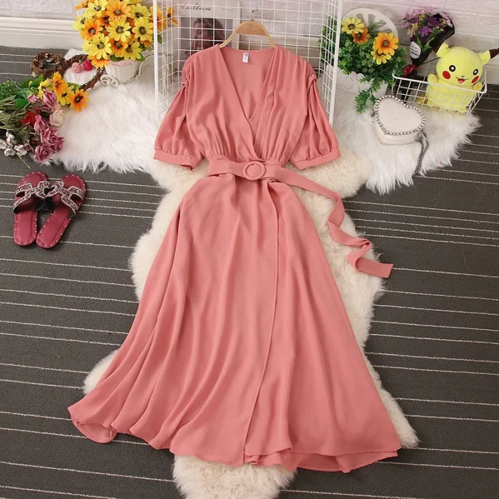Women's Short Sleeve Casual Lace-up Pleated Chiffon Summer Dress