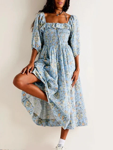 Women's Backless Half Sleeve Floral Printed Maxi Long Dress