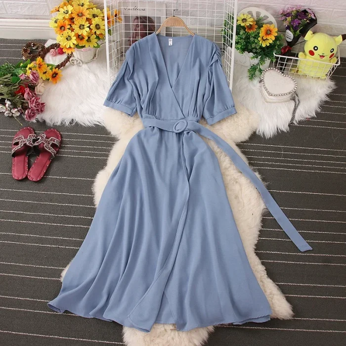 Women's Short Sleeve Casual Lace-up Pleated Chiffon Summer Dress