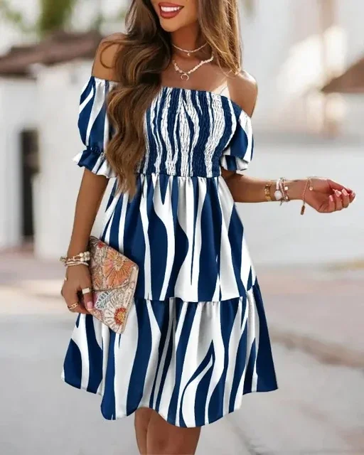 Women's Short Sleeve Bohemian Printed Off Shoulder Mini Summer Dress