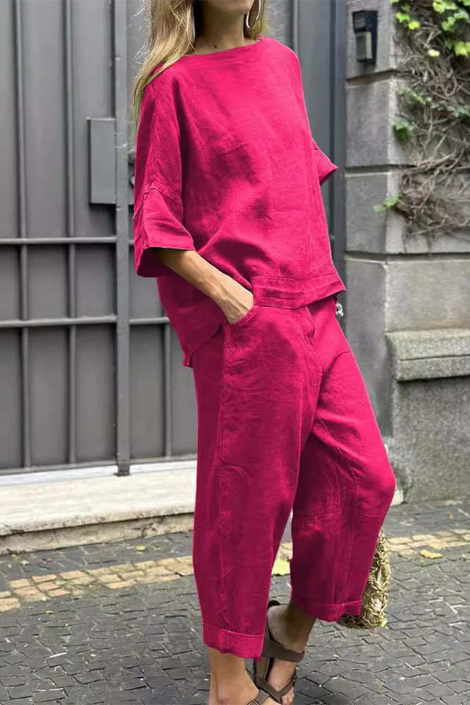 Casual Solid Pocket O Neck Three Quarter Two Pieces