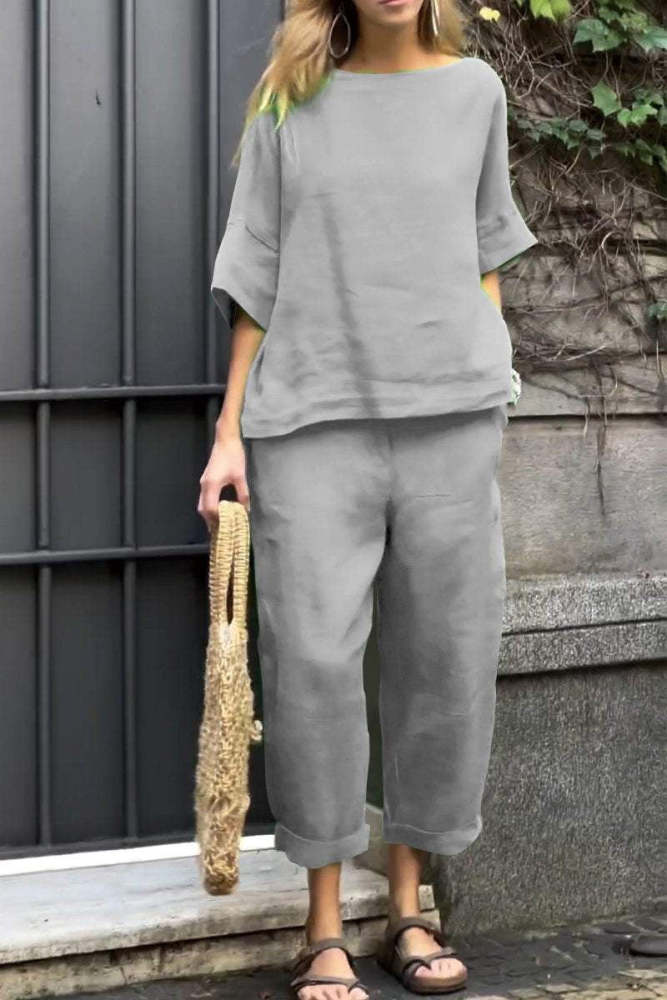Casual Solid Pocket O Neck Three Quarter Two Pieces