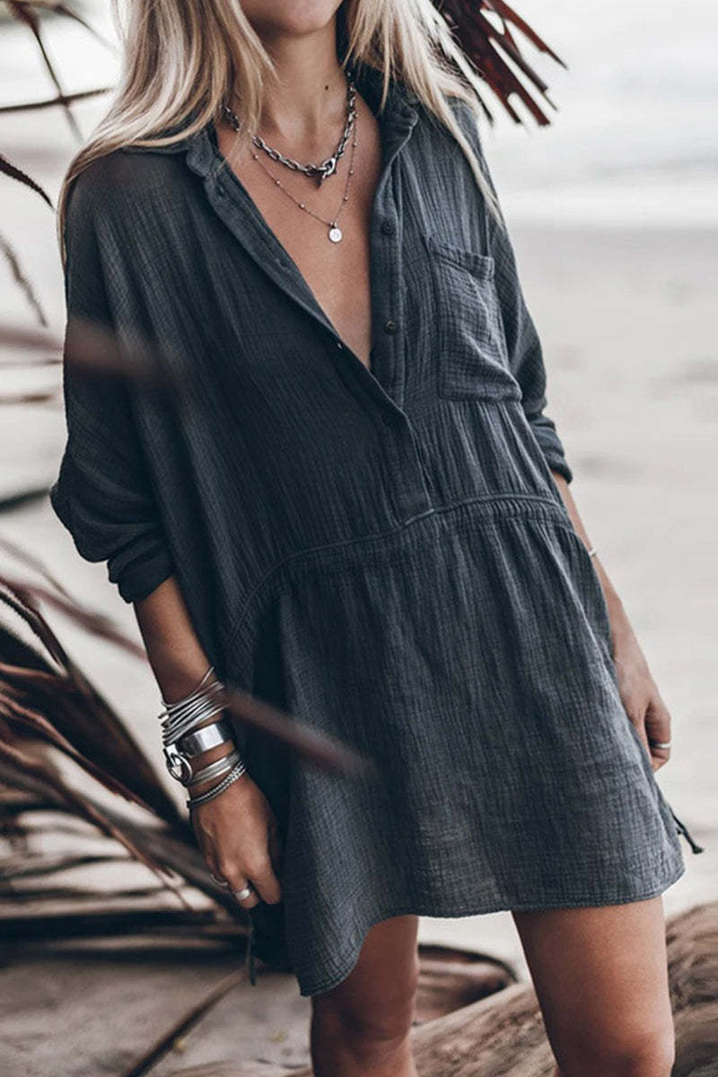 Drawstring String With Button Casual Solid Draw String Pocket Buttons Turndown Collar Irregular Dresses