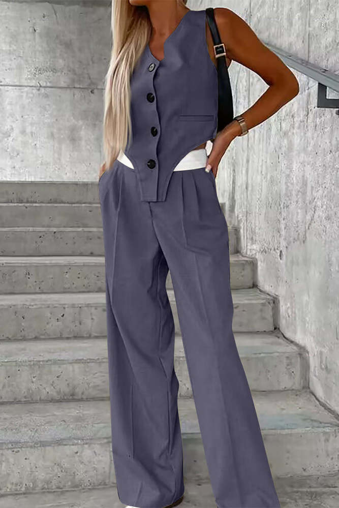 Casual British Style Solid Buttons Fold Asymmetrical V Neck Sleeveless Two Pieces