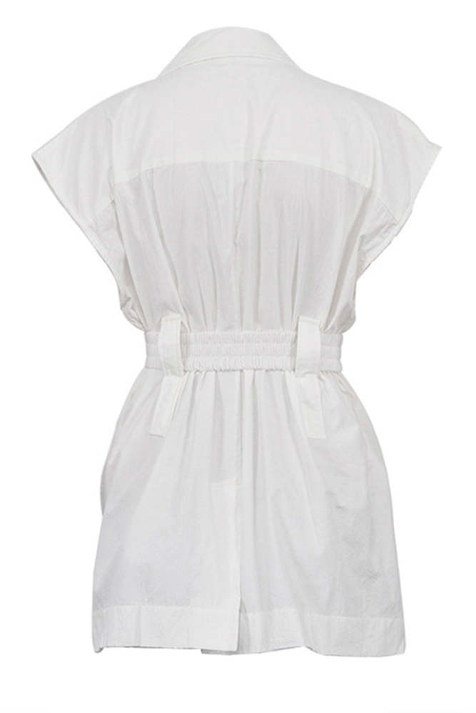 Casual Solid Bandage Pocket Buttons Turn-back Collar Tops