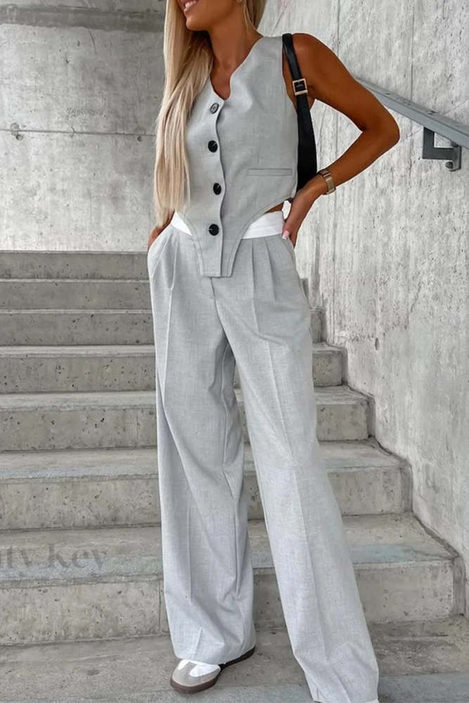 Casual British Style Solid Buttons Fold Asymmetrical V Neck Sleeveless Two Pieces