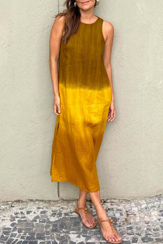 Casual Gradient Slit O Neck Long Dresses