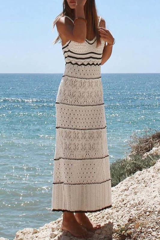 Sexy Solid Hollowed Out Contrast Weave V Neck One Step Skirt Dresses