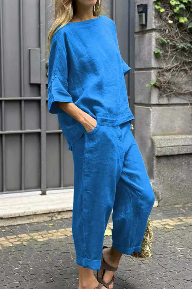 Casual Solid Pocket O Neck Three Quarter Two Pieces