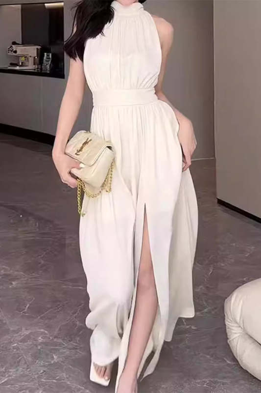 Celebrities Elegant Solid Slit Fold Halter Waist Skirt Dresses