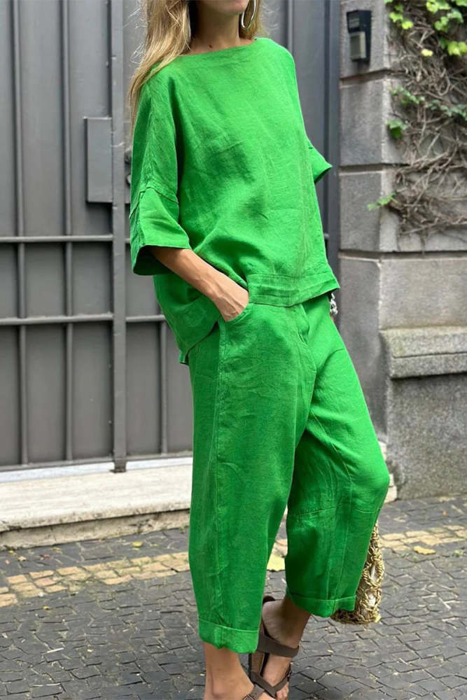 Casual Solid Pocket O Neck Three Quarter Two Pieces