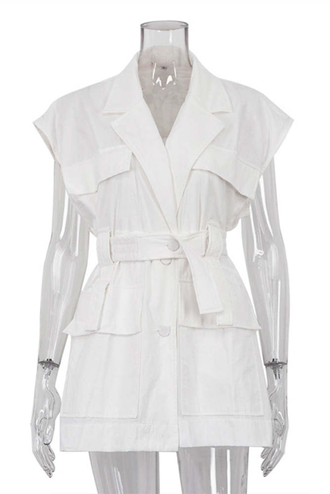 Casual Solid Bandage Pocket Buttons Turn-back Collar Tops