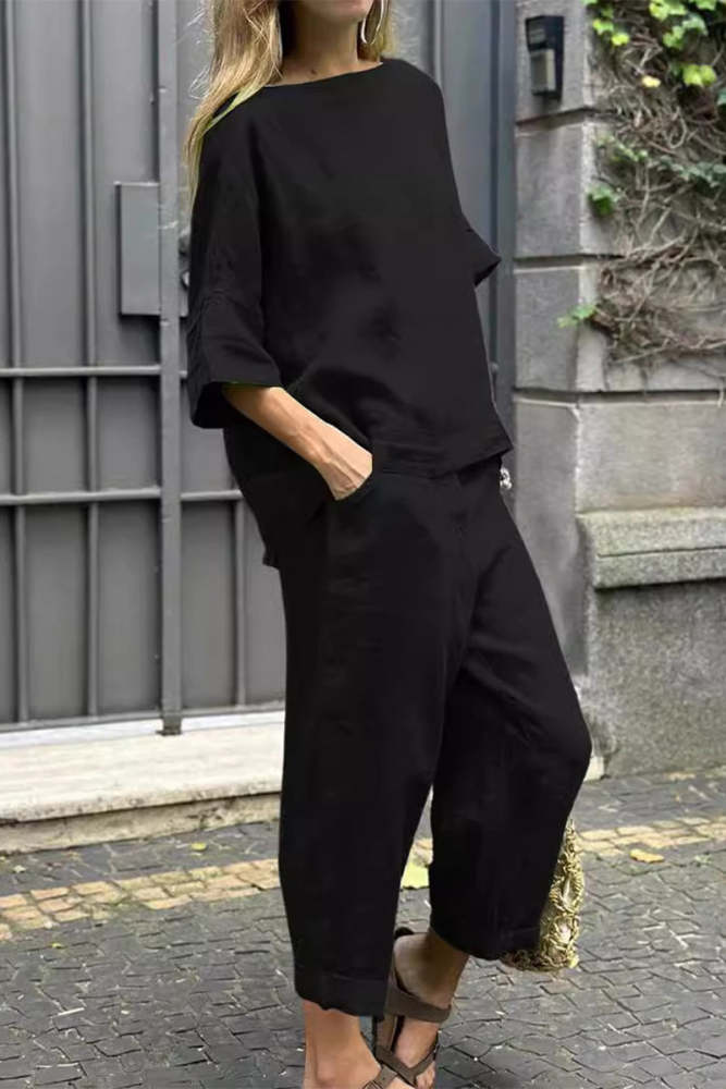Casual Solid Pocket O Neck Three Quarter Two Pieces