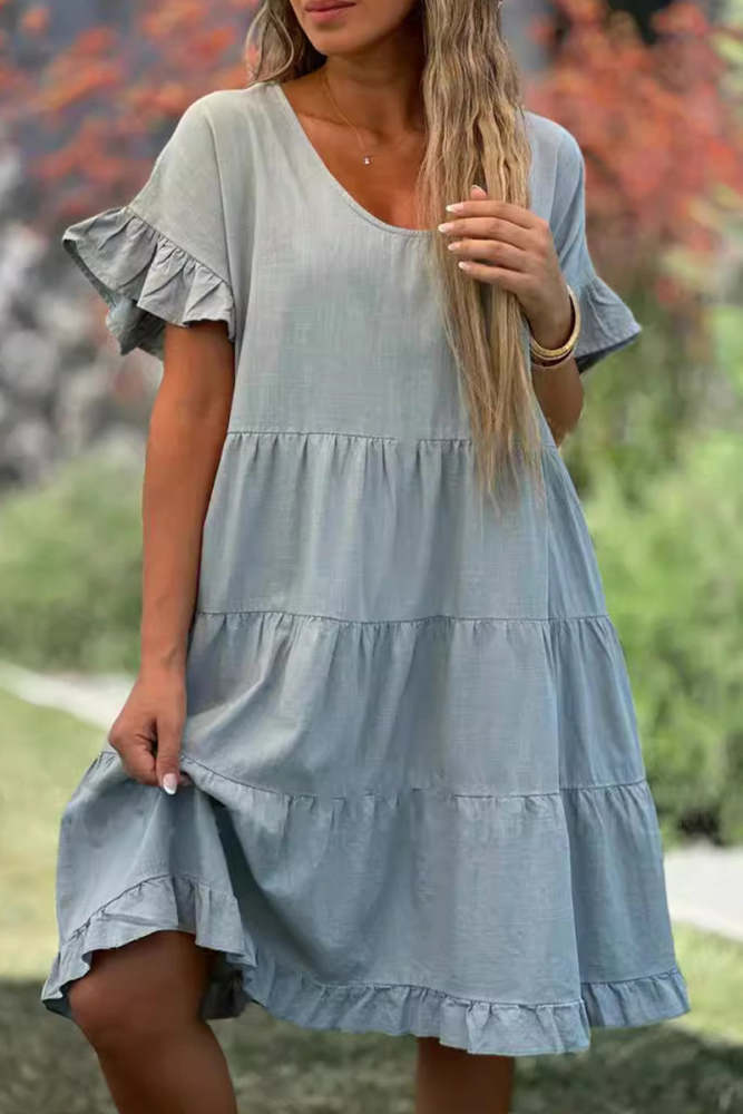 Casual Simplicity Solid Flounce O Neck A Line Short Sleeve Dress