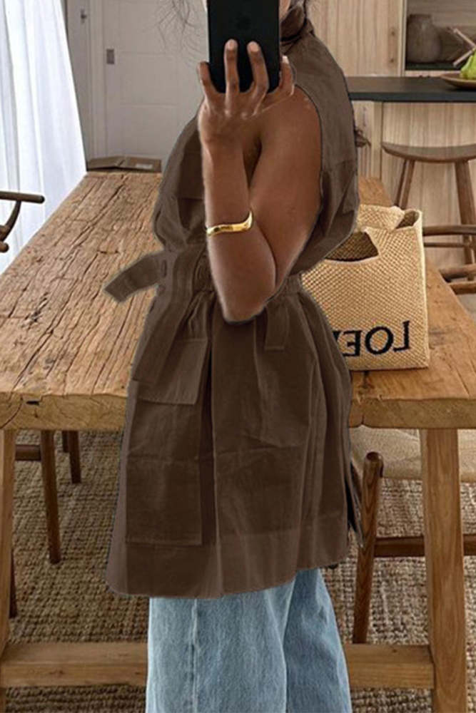 Casual Solid Bandage Pocket Buttons Turn-back Collar Tops