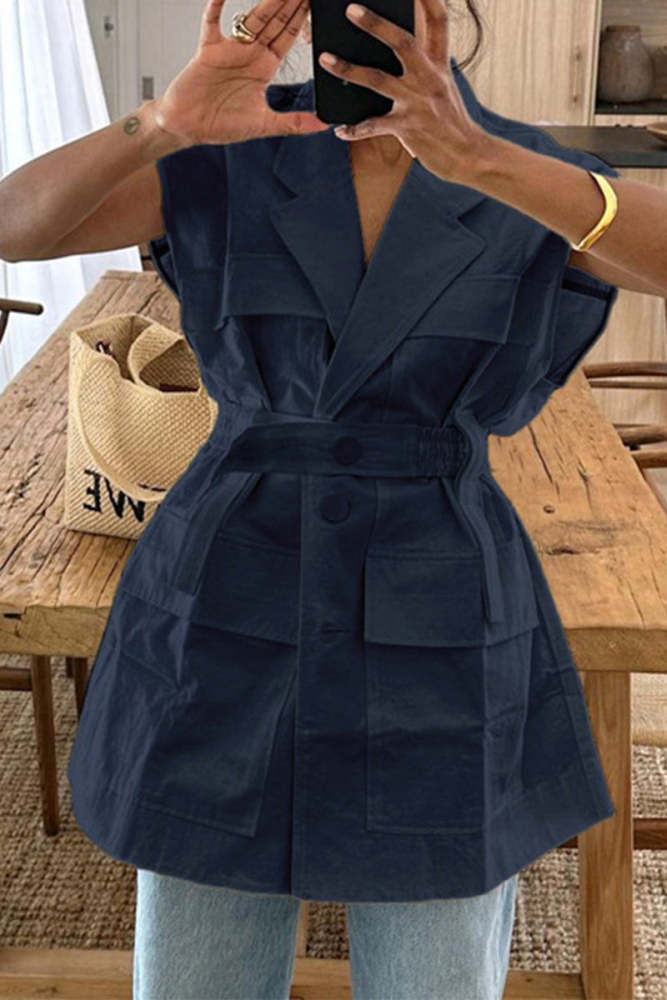 Casual Solid Bandage Pocket Buttons Turn-back Collar Tops