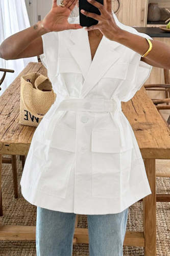 Casual Solid Bandage Pocket Buttons Turn-back Collar Tops