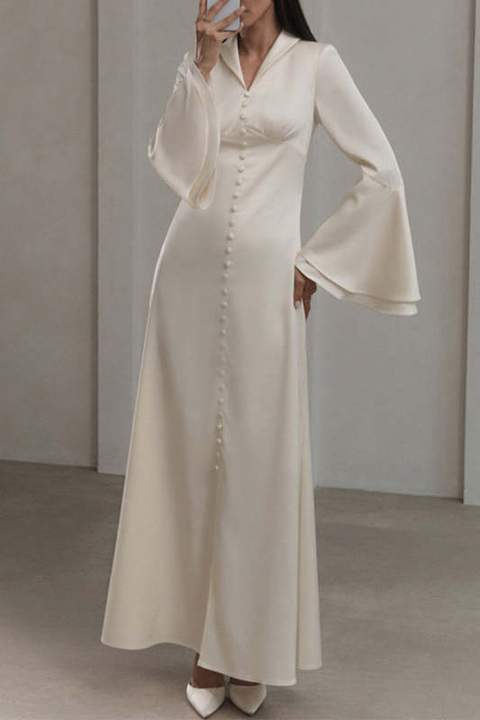 Elegant Solid Buckle Turndown Collar One Step Skirt Dresses