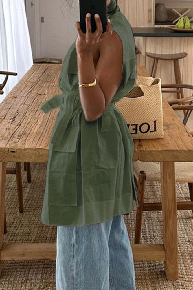 Casual Solid Bandage Pocket Buttons Turn-back Collar Tops