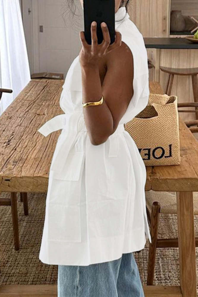 Casual Solid Bandage Pocket Buttons Turn-back Collar Tops