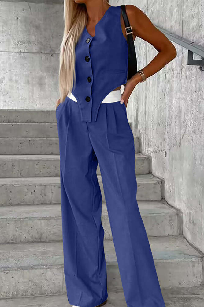 Casual British Style Solid Buttons Fold Asymmetrical V Neck Sleeveless Two Pieces