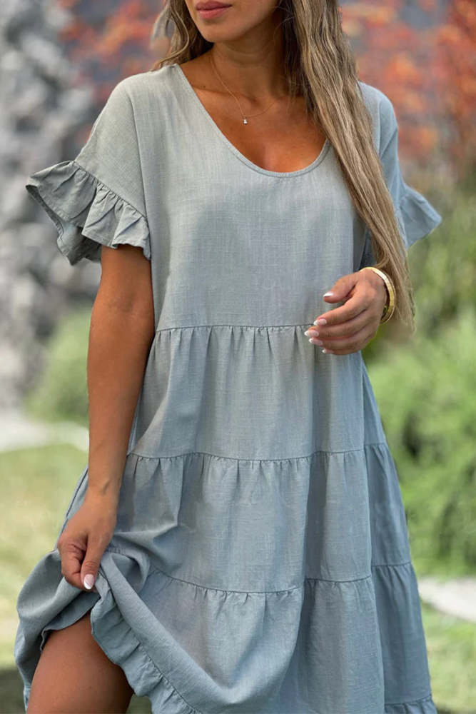 Casual Simplicity Solid Flounce O Neck A Line Short Sleeve Dress