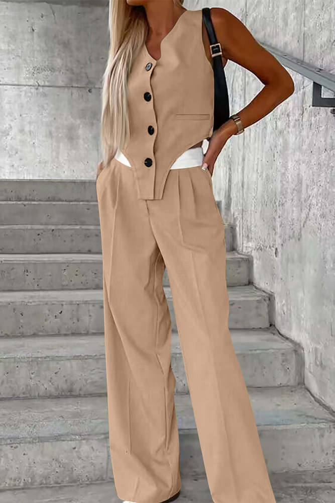 Casual British Style Solid Buttons Fold Asymmetrical V Neck Sleeveless Two Pieces