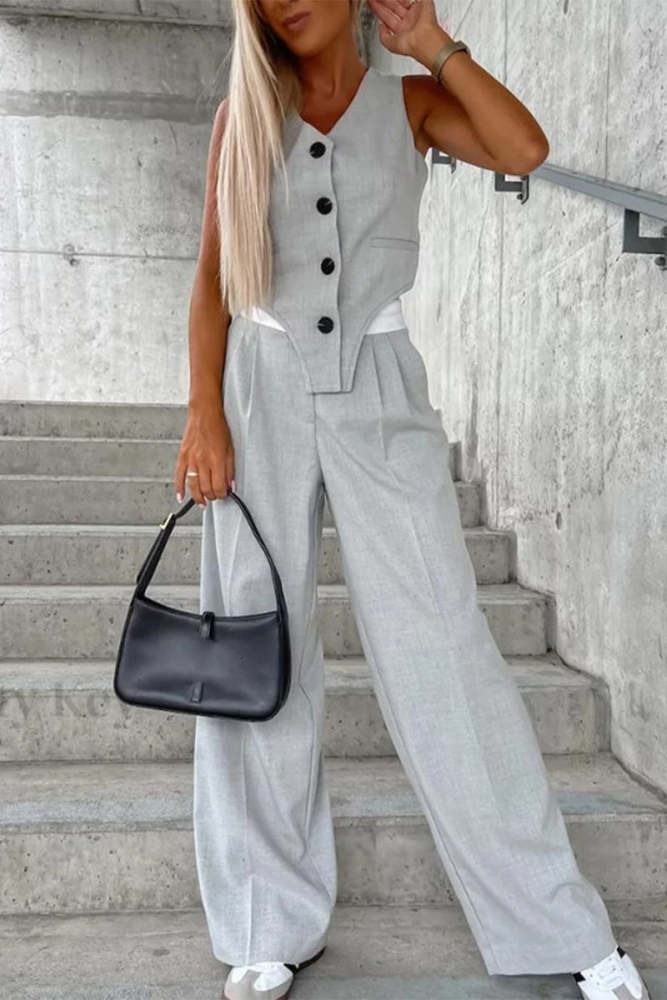Casual British Style Solid Buttons Fold Asymmetrical V Neck Sleeveless Two Pieces