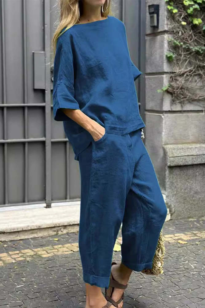 Casual Solid Pocket O Neck Three Quarter Two Pieces