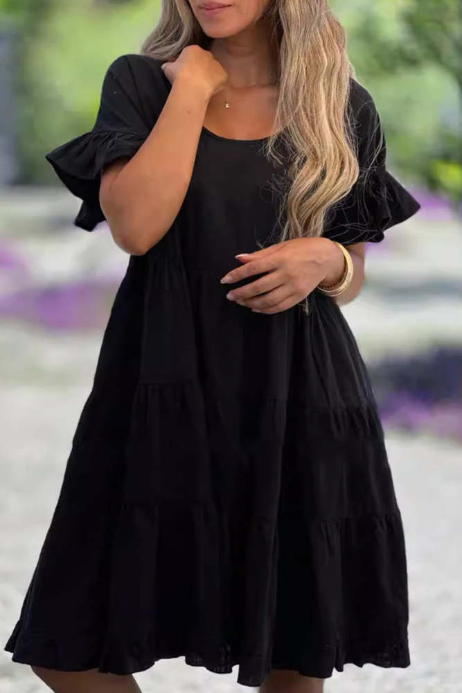 Casual Simplicity Solid Flounce O Neck A Line Short Sleeve Dress