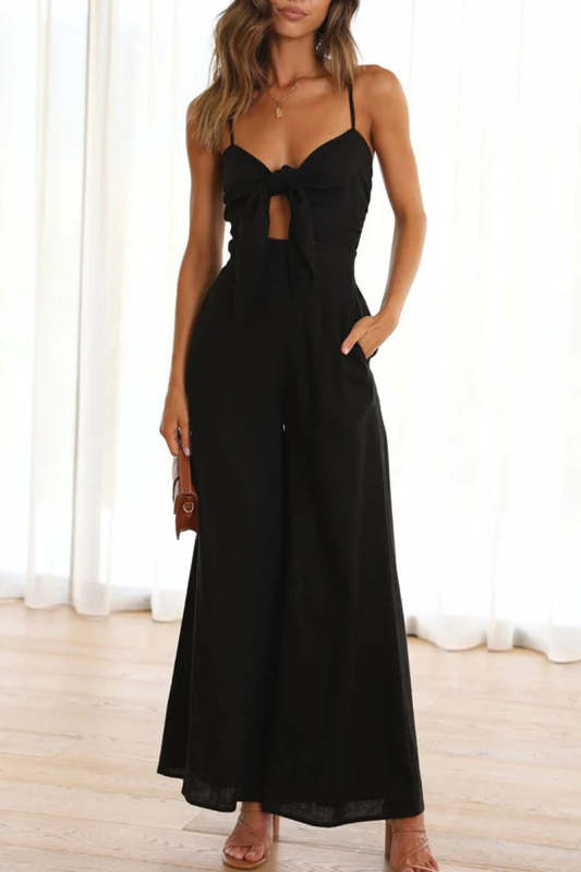 Casual Elegant Solid Frenulum V Neck Loose Jumpsuits