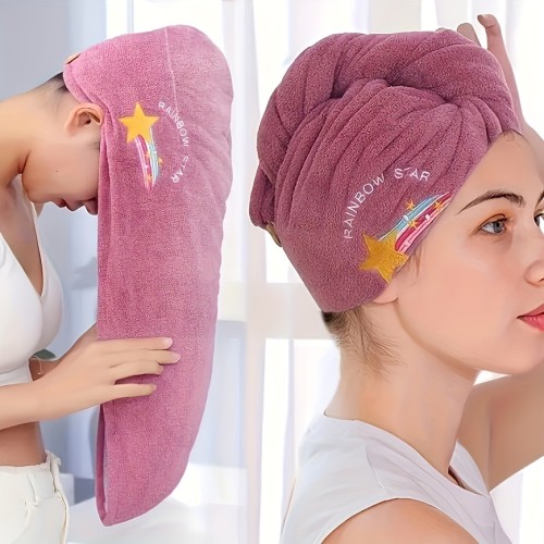 1pc Rainbow Embroidered Hair Towel With Button, Soft Hair Drying Cap, Cute Solid Color Hair Towel For Bathroom, Absorbent Quick Drying Hair Wrap Towel For Women, Bathroom Supplies, Bathroom Accessories