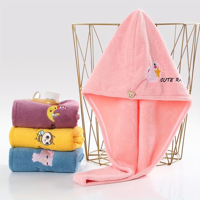 1pc Hair Towel With Button, Soft Hair Drying Cap, Cute Embroidered Hair Towel For Bathroom, Super Absorbent Hair Wrap Towel, Shower Cap For Women, Bathroom Supplies