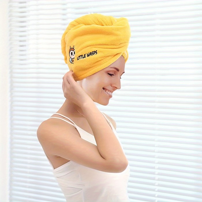 1pc Hair Towel With Button, Soft Hair Drying Cap, Cute Embroidered Hair Towel For Bathroom, Super Absorbent Hair Wrap Towel, Shower Cap For Women, Bathroom Supplies