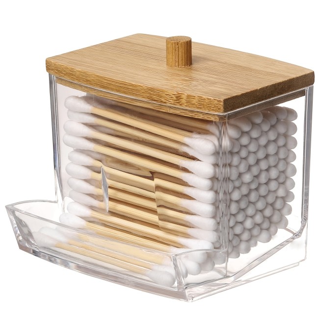 1pc 7 Oz Cotton Swab Pads Holder - Organize And Store Cotton Buds In Style With Wood Lids - Perfect For Bathroom And Apothecary Jars, Makeup Organizer
