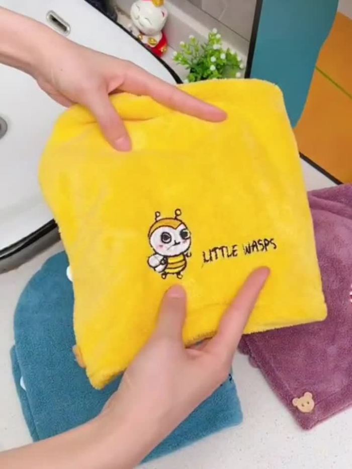 1pc Hair Towel With Button, Soft Hair Drying Cap, Cute Embroidered Hair Towel For Bathroom, Super Absorbent Hair Wrap Towel, Shower Cap For Women, Bathroom Supplies