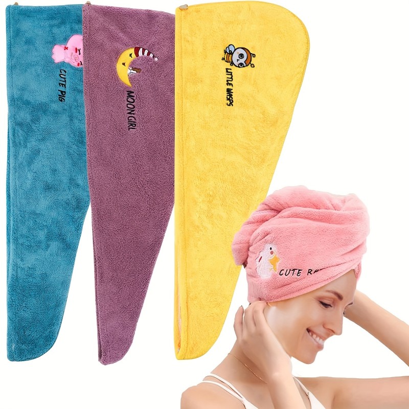 1pc Hair Towel With Button, Soft Hair Drying Cap, Cute Embroidered Hair Towel For Bathroom, Super Absorbent Hair Wrap Towel, Shower Cap For Women, Bathroom Supplies