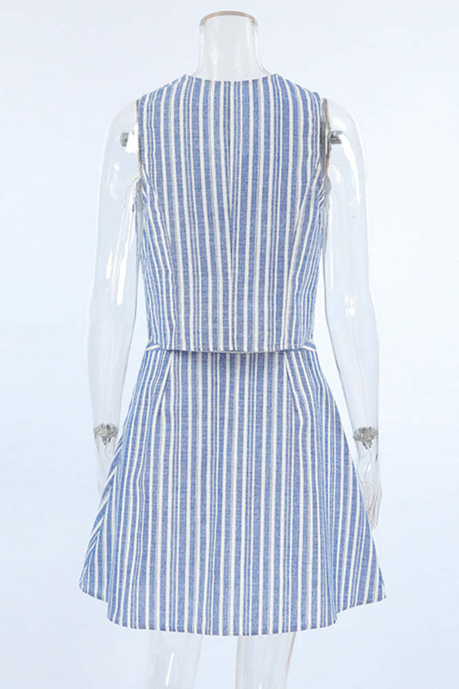Work Elegant Striped Contrast V Neck Sleeveless Two Pieces