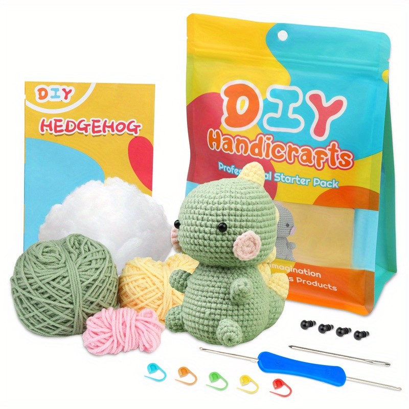 DIY Beginner Crochet Starter Material Package With 3 Beanie Balls, 1 Crochet Needle, 5 Knitting Stitch Marker Buckles, 1 Yarn Needle, 4 Plastic Eyes, Stuffers, Instructions, Animal Image Dinosaur