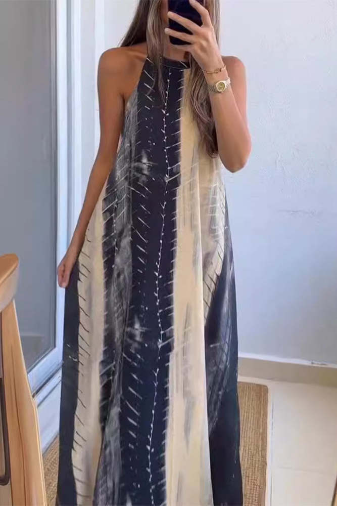 Casual College Gradient Print Backless Contrast Halter Printed Dresses