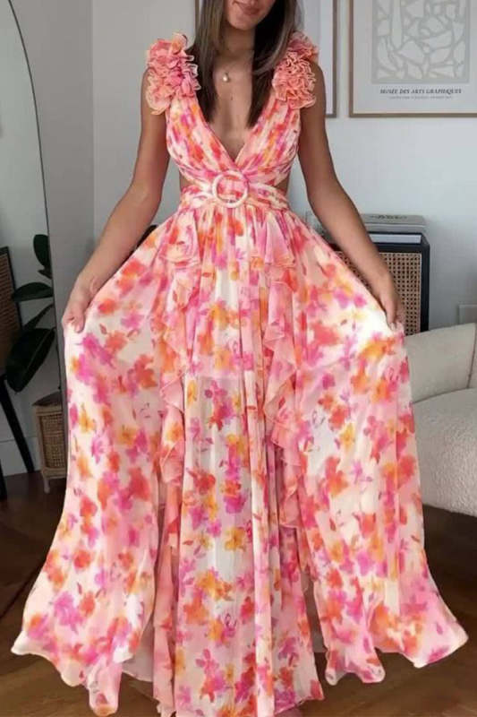 Casual Floral Hollowed Out Fold Stringy Selvedge V Neck Waist Skirt Dresses(3 Colors)