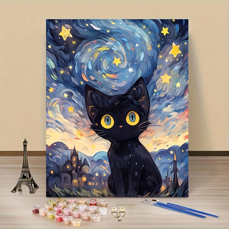 1pc Rolled Canvas-No Crease, DIY Acrylic Paint By Numbers For Adult On Canvas, Paint By Numbers Adult Acrylic Kits With Frameless, Oil Painting By Numbers On Canvas For Adults,Hobbies And Crafts For Adults,Unique Gift Home Decor Painting,The Sun, Black Cute Cat(16X20Inch, No Frame)