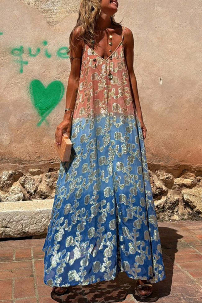 Sexy Gradient Print Contrast V Neck Sling Dresses