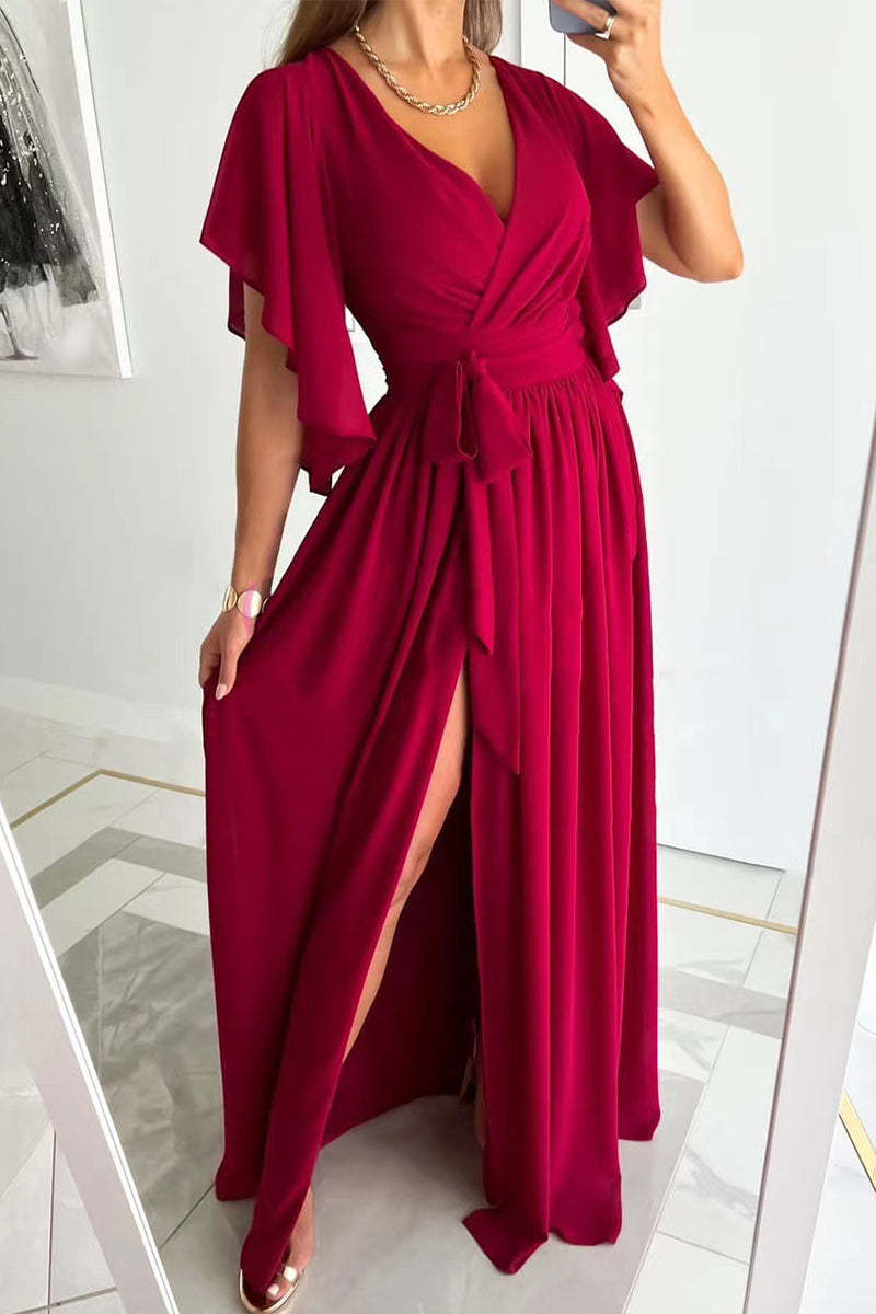 Sexy Solid Frenulum See-through V Neck A Line Dresses main image 0