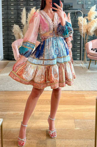 Casual Vintage Floral Contrast V Neck A Line Dresses