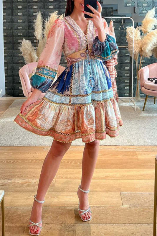 Casual Vintage Floral Contrast V Neck A Line Dresses