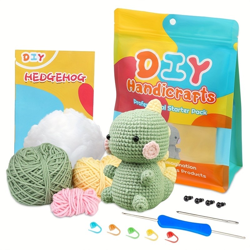 DIY Beginner Crochet Starter Material Package With 3 Beanie Balls, 1 Crochet Needle, 5 Knitting Stitch Marker Buckles, 1 Yarn Needle, 4 Plastic Eyes, Stuffers, Instructions, Animal Image Dinosaur