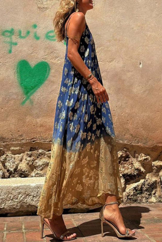 Sexy Gradient Print Contrast V Neck Sling Dresses